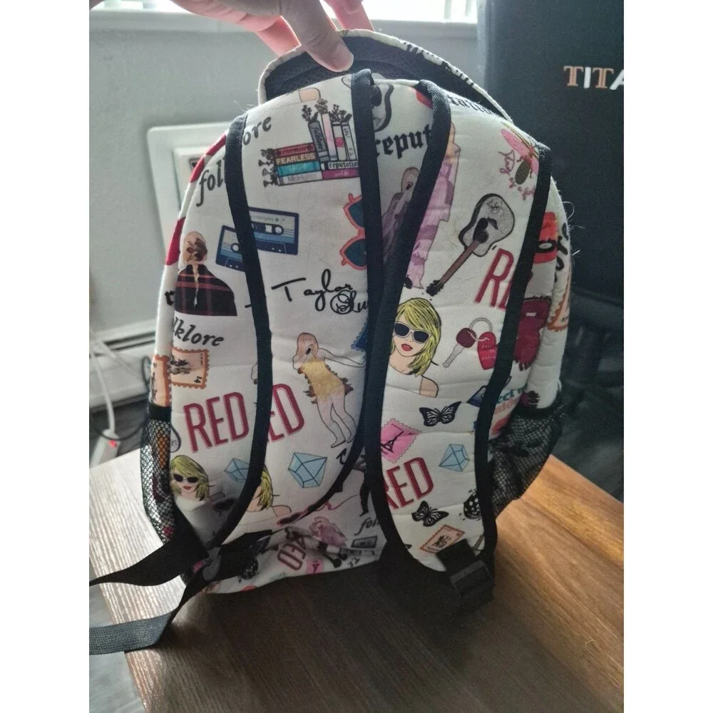 Taylor Swift Eras Tour Collage Backpack White Red 1989 Lover Swiftie School Bag